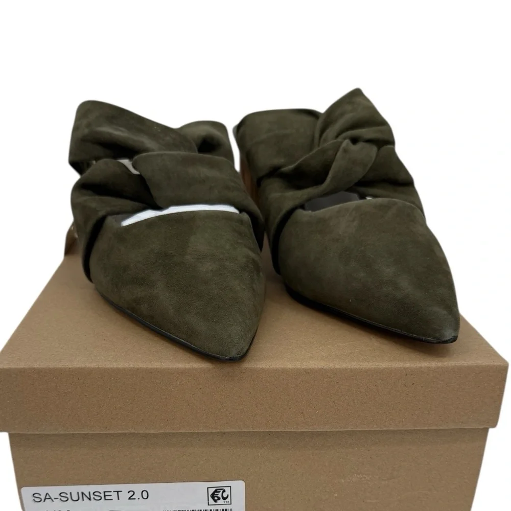 Sanctuary Sunset 2.0 Mossy Green Suede Bow Mule Heels 8.5 NIB Woodgrain Heel ECO